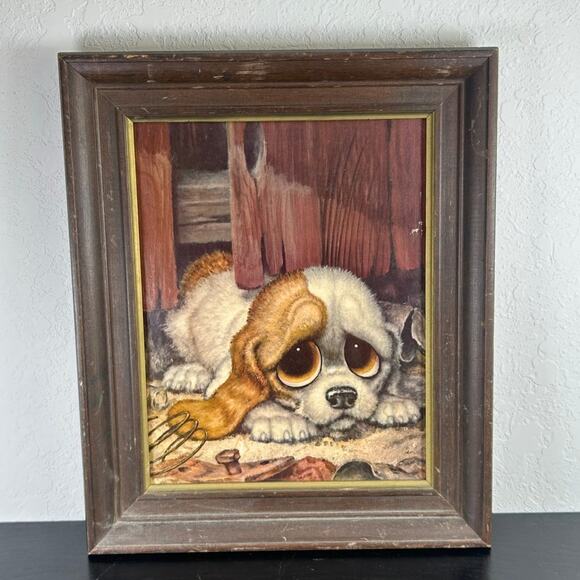 Vtg Print Board Artwork- Big Eyes Puppy- brown frame- 18x15" pity puppy hound - Picture 2 of 5